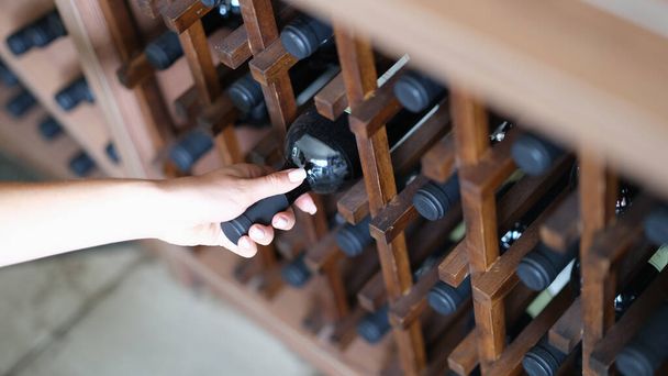Woman chooses bottle of wine in cellar closeup. Expensive collectible red wines concept - Foto, afbeelding