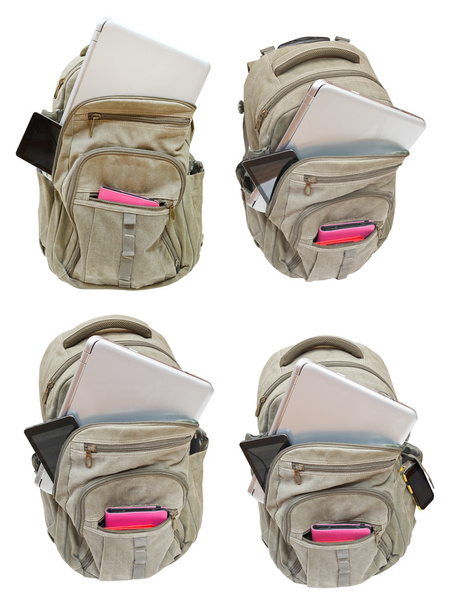 conjunto de mochilas com dispositivos móveis isolados
 - Foto, Imagem