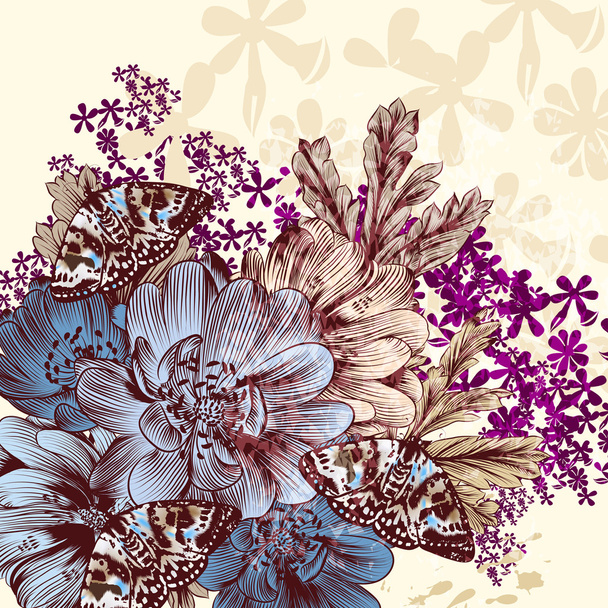 Hand drawn Flower pattern with flowers and butterflies - Vecteur, image