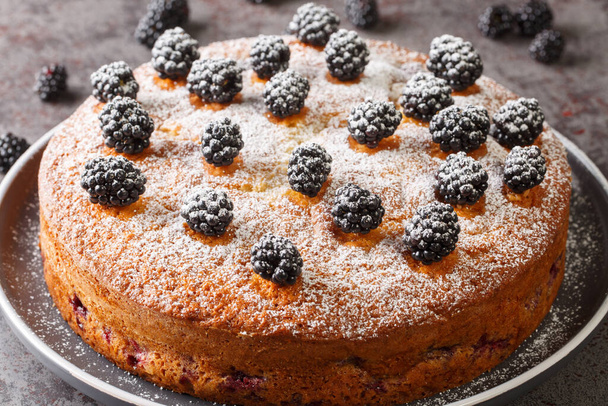Yummy desert delicious cake made with blackberries closeup in the plate on the table. Horizonta - 写真・画像