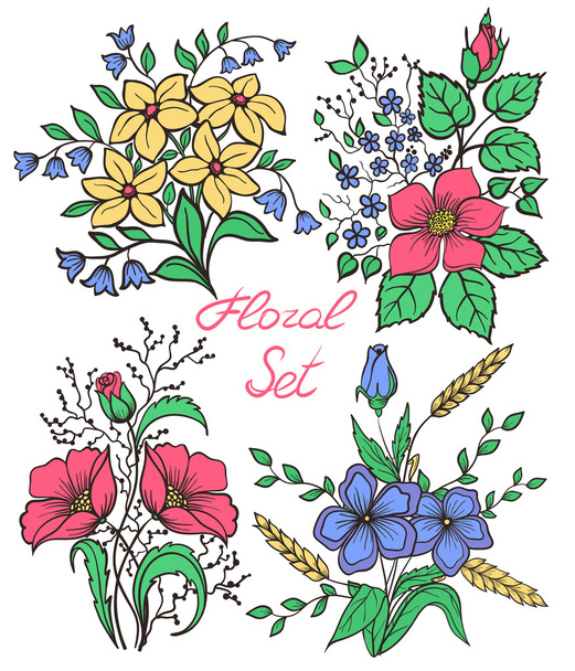 Φορέα που λουλούδια. Πολύχρωμο floral συλλογή με φύλλα και άνθη - Διάνυσμα, εικόνα