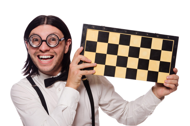 Nerd ajedrecista aislado en blanco - Foto, Imagen
