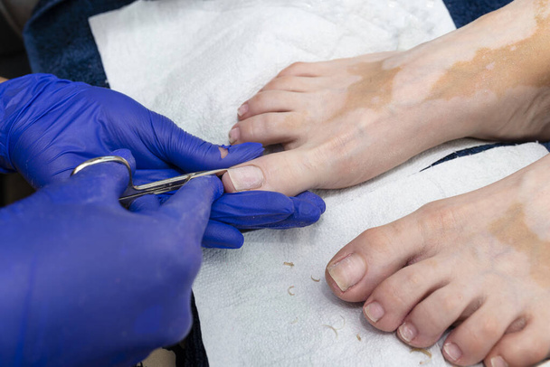 Маникюрша стрижет ногти маленькими ножницами в голубых латексных перчатках. - Фото, изображение