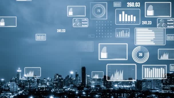 Geschäftsdaten analytische Schnittstelle fliegen über Smart City zeigt Veränderung Zukunft der Business Intelligence. Computersoftware und künstliche Intelligenz werden verwendet, um Big Data für strategische Pläne zu analysieren . - Filmmaterial, Video