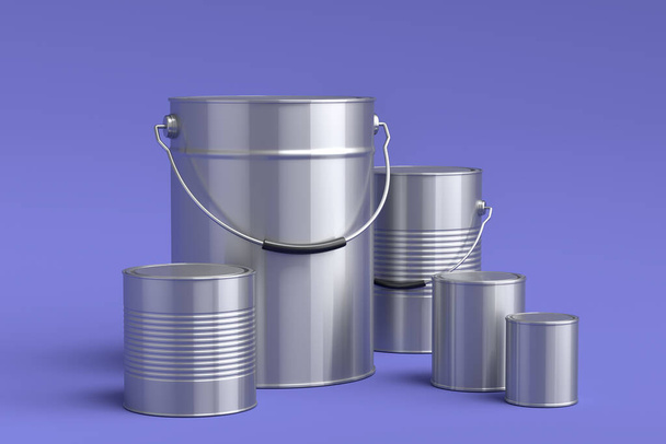 Set of metal cans or buckets of paint with handle on violet background. 3d render of renovation concept and interior design - Photo, Image
