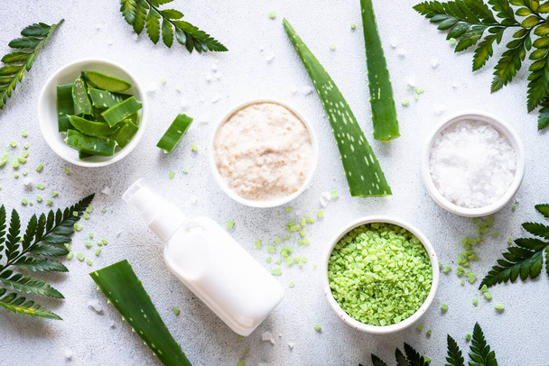 Natural cosmetic concept. Homemade cosmetic aloe, sea salt, green leaves. Top view on white. - 写真・画像