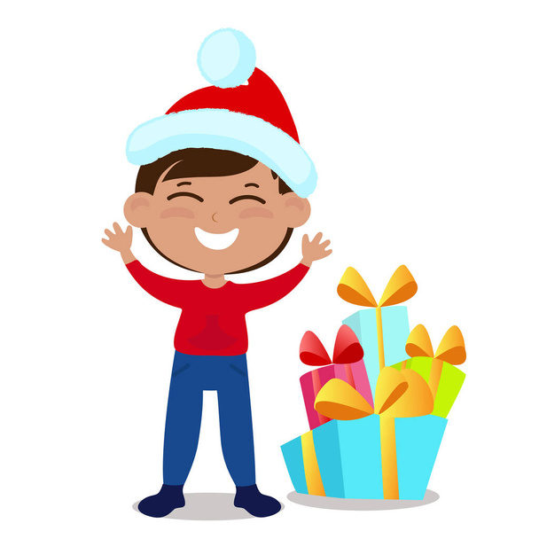 The boy is dressed in a Santa Claus hat and stands right next to the gifts. The child is happy and smiling. Character design isolated on white background. - Vector, Image