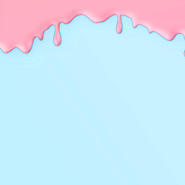 Pink creamy color droplets fall from top on sky blue wall background. Abstract creative artistic paint cartoon template - 写真・画像