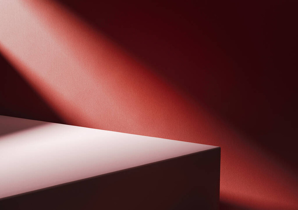3D illustration of wooden board corner at red wall lit by diagonal light stripe. Computer rendering product background. - Fotografie, Obrázek