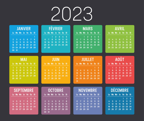 Year 2023 colorful minimalist calendar, in French language, on black background. Vector template. - Vector, Image