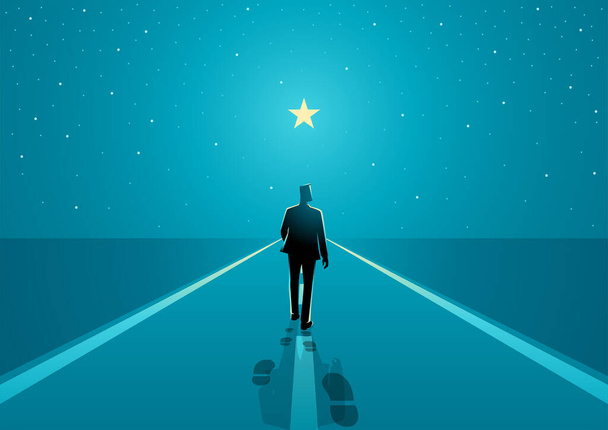 Ο άνθρωπος περπατά στον απέραντο δρόμο προς το φωτεινό αστέρι, το ταξίδι της επιτυχίας, το μακρύ ταξίδι ξεκινά με ένα βήμα - Διάνυσμα, εικόνα