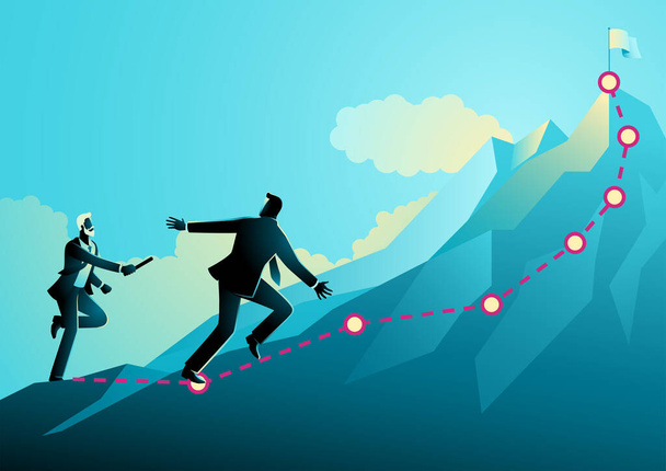 Older businessman passing the baton to younger businessman to continue running up the mountain, regeneration, teamwork, vector illustration - Wektor, obraz