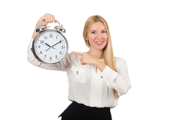 Femme d'affaires avec horloge isolée sur le fond blanc
 - Photo, image