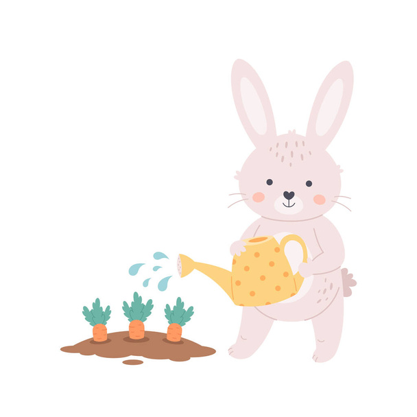 Cute white bunny watering carrots with watering can. Springtime, gardening, farming concept. Vector illustration - ベクター画像