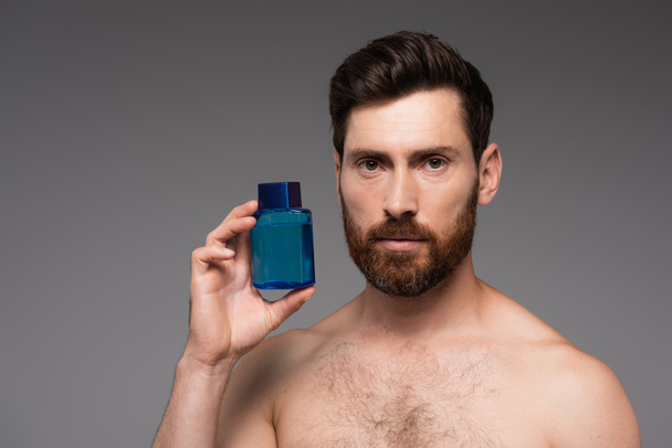bearded and shirtless man holding bottle with after shave product isolated on grey - Foto, immagini