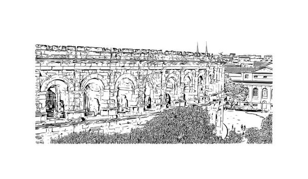 Print Building view with landmark of Nimes is the commune in France. Hand drawn sketch illustration in vector. - ベクター画像