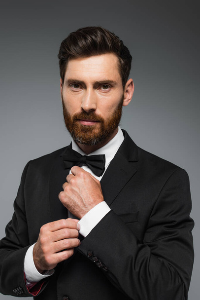 successful man in elegant suit adjusting bow tie isolated on grey  - Fotografie, Obrázek