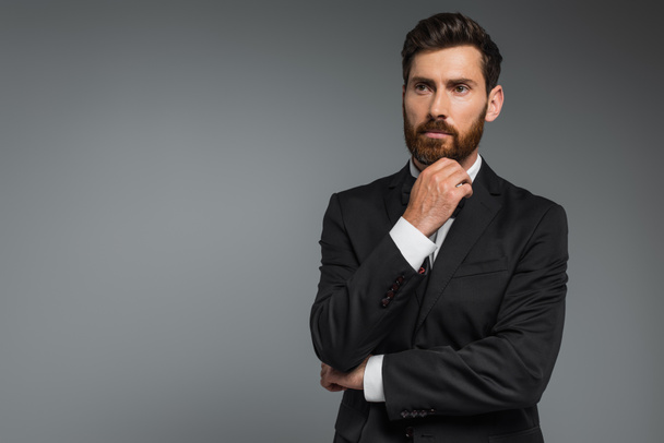 pensive man with beard standing in elegant suit with bow tie looking away isolated on grey  - Photo, image