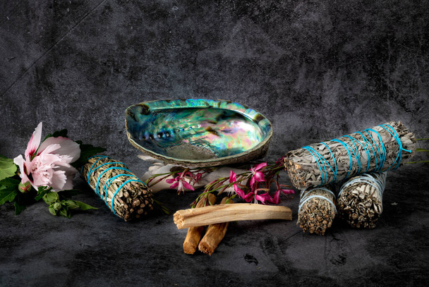 sage, palo santo and abalone in front of gray background - Photo, Image