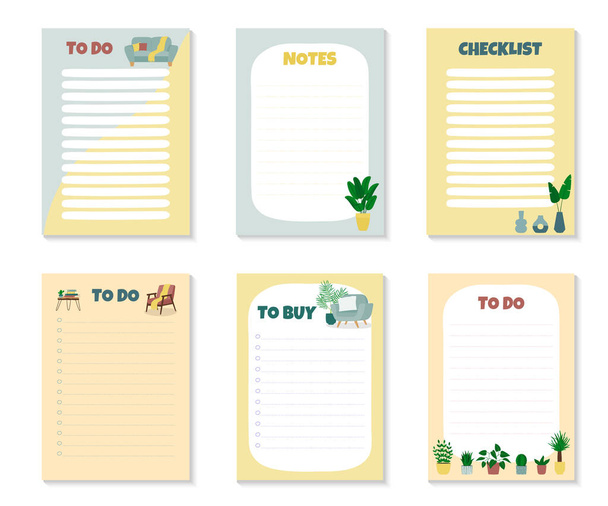 Набор шаблонов для Checklist, To Do and To Buy List with furniture and houseplants - Вектор,изображение