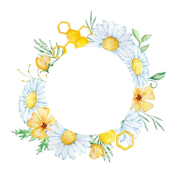 Round frame with watercolor chamomile, leaves and honeycomb - 写真・画像