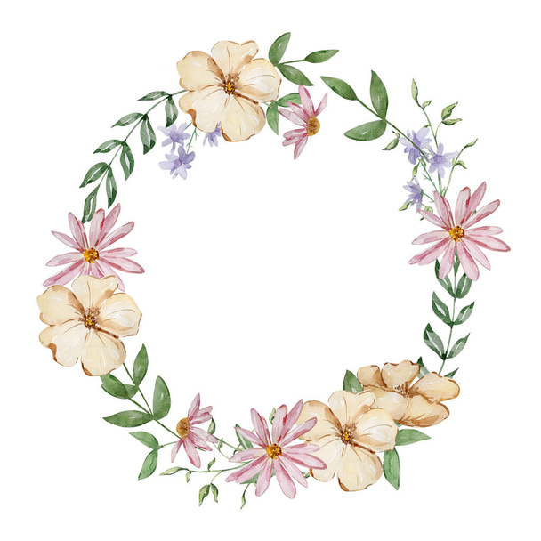 Watercolor frame wreath of garden beige, pink and purple flowers - Photo, Image