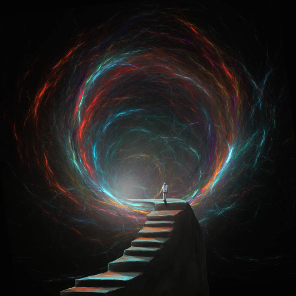 Astronaut walking on stairs to fractal colorful glowing portal. Fantasy, future digital painting, 3D rendering - Foto, imagen
