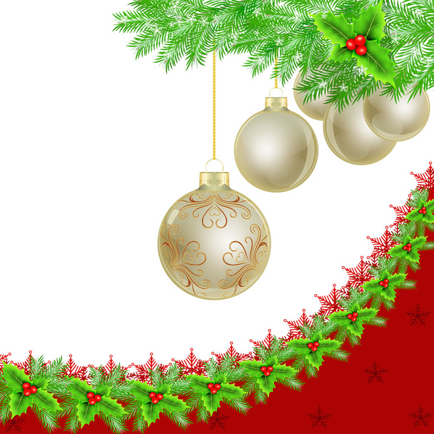 Bola dorada de Navidad, borde de acebo en blanco
 - Foto, imagen