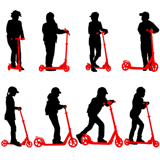 Set silhouetten van kinderen rijden op scooters. Vector illust - Vector, afbeelding