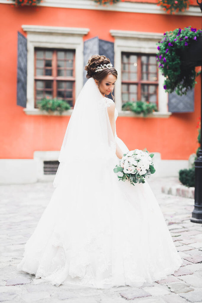 Portrait of stunning bride with long hair posing with great bouquet. - Фото, изображение