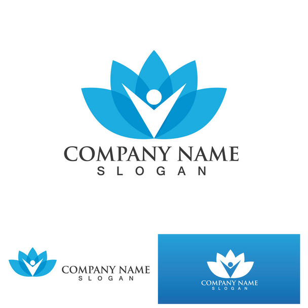 yoga logo design stock. meditación humana en flor de loto vector ilustración - Vector, imagen