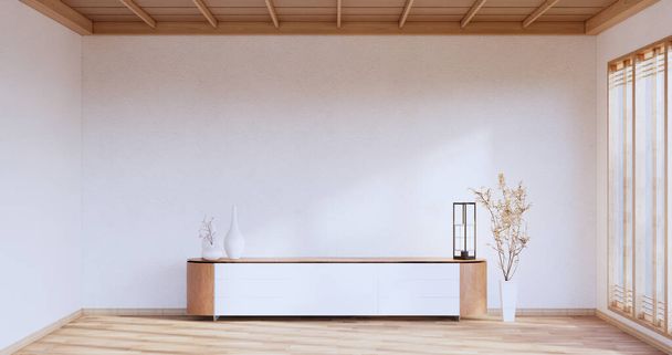 Cabinet wooden japanese design on living room zen style empty wall background.3D rendering - Foto, Imagen