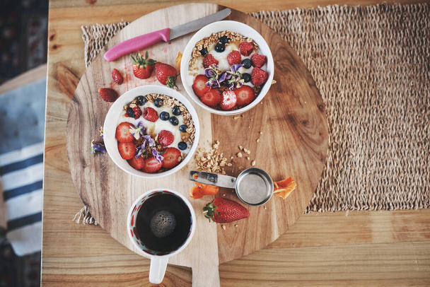 With healthiness comes happiness. a healthy breakfast on a table at home - Fotó, kép