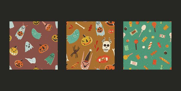 Halloween vector seamless patterns set. Creepy jack-o-lanterns, spooky ghosts with burning eyes, phantom spirits, skulls, odd rabbit, Trick or Treat sweets. - Vector, afbeelding