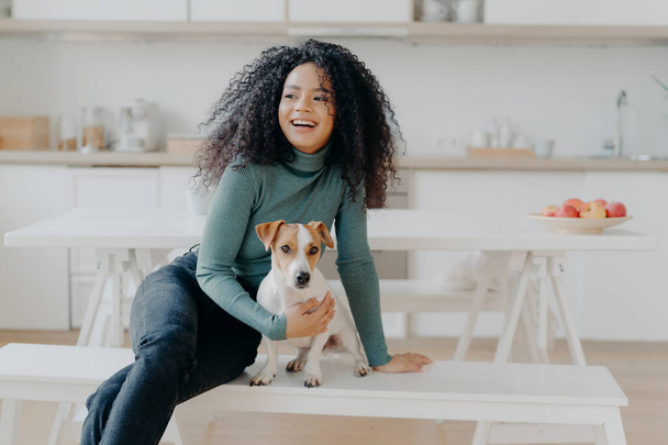 Радостная афро-женщина сидит на белой скамейке вместе с собакой против кухонного интерьера, стол с тарелкой, полной красных яблок, получает удовольствие, играя дома. Владелец животного чувствует заботу и ответственность
 - Фото, изображение