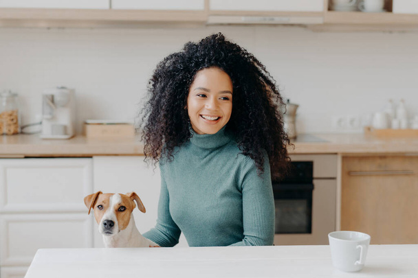 Happy dark skinned girl looks thoughtfully away, has pleasant smile, dressed in casual wear, drinks hot beverage, poses with domestic animal against kitchen interior. Female dog owner at home - Fotó, kép