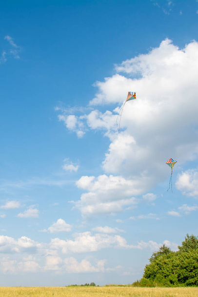 δύο χαρταετοί πετούν πάνω από τον γαλάζιο ουρανό στο φόντο των νεφών - Φωτογραφία, εικόνα