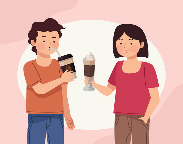 happy couple drinking coffee characters - Vektor, kép