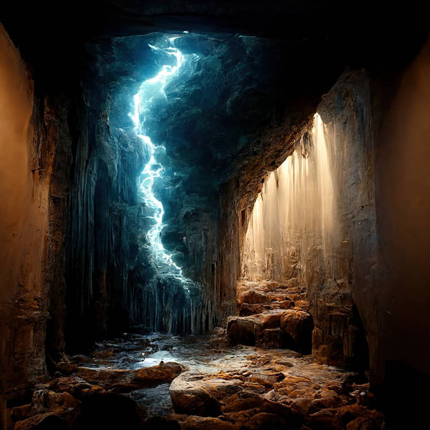 Голубая молния бьет в землю внутри пещеры со страшными флюидами и коричневой стеной. - Фото, изображение