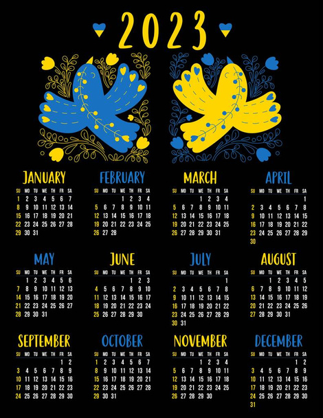 Calendar for 2023 with pair of decorative yellow blue birds with floral decoration on black background. Vector illustration. Vertical template for 12 months in English. Week from Sunday. Stationery - Vector, Image