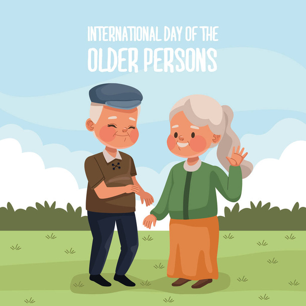 international older persons day card with grandparents - Vector, imagen