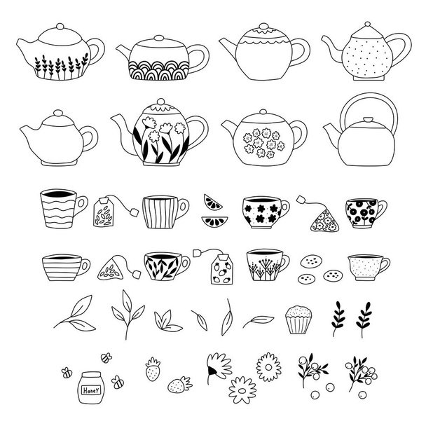Doodle tea pot and cup collection. Hand drawn cookies, berries, honey, lemons, daisy flowers and sweets. Black and white vector illustrations for cafe and restaurant menu design. - Vecteur, image