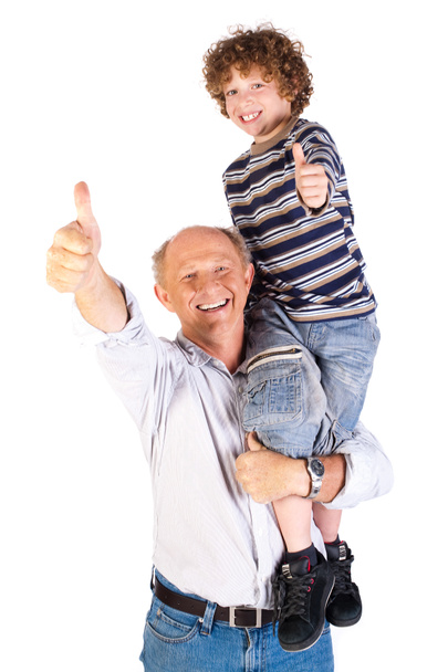 Thumbs-up pair of grandfather and grandson - Фото, изображение