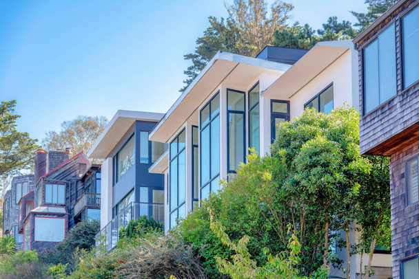 Row of large houses with tall picture windows at San Francisco, California. Side view of houses with reflective floor to ceiling windows and trees at the front and back against the clear sky. - Fotoğraf, Görsel