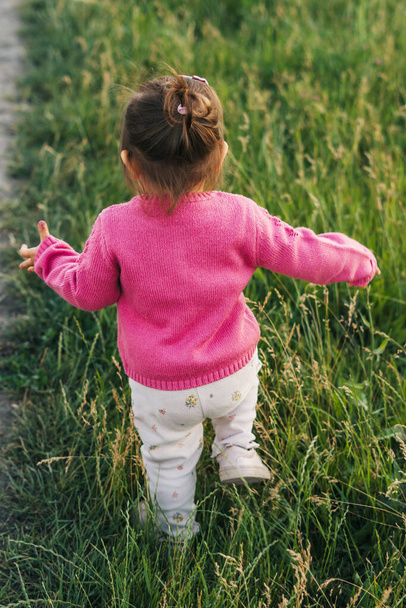 Rear view of a baby girl running through the field with green grass, being in a visit to the village, to grandparents. Summer nature. Country environment - Foto, Imagen