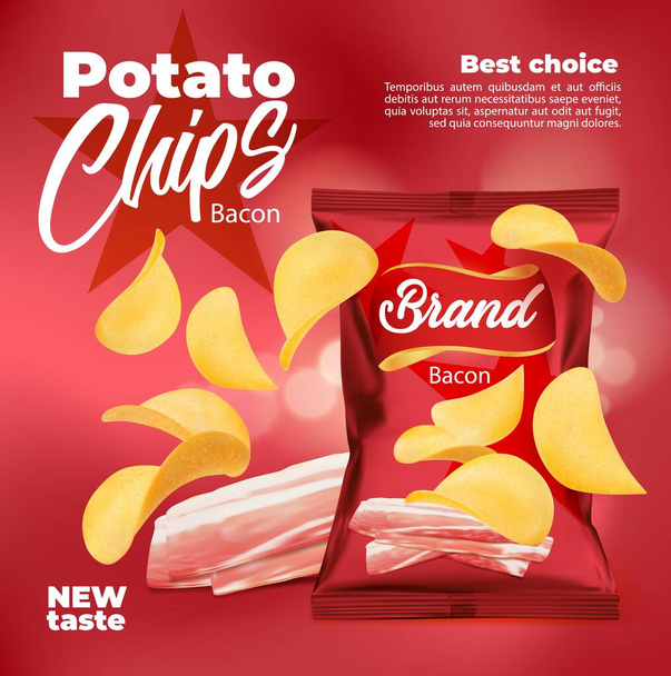 Realistic bacon flavored potato chips snack food package. Falling chips with red bag. Crunchy and crispy potato chips foil packet or container, salty snack in red package. Advertising vector poster - Wektor, obraz
