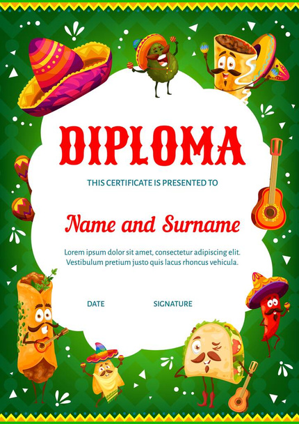 Vertical diploma with cartoon mexican avocado and chili pepper, nachos and tacos, enchiladas characters. Elementary school kids certificate, education achievement diploma or celebration invitation - Wektor, obraz