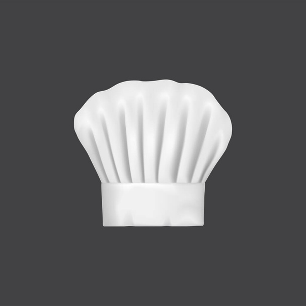 Realistic chef hat, cook cap and baker toque. 3d white chef hat. Restaurant kitchen staff uniform hat, cafe cook 3d vector cap or bakery baker isolated toque with creases - Vetor, Imagem
