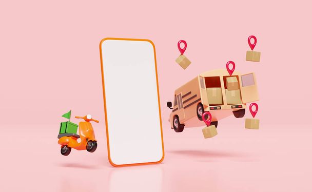 3d оранжевый мобильный телефон, смартфон с фургоном доставки, скутер, картонная коробка товаров, булавка изолированы на розовом фоне. Онлайн-доставка, онлайн отслеживание заказов, отслеживание концепции данных, 3D-рендеринг  - Фото, изображение