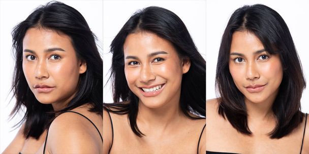 Indian Tanned Skin Asian Woman show beauty cosmetic face make up with healthy care fresh natural eyes. Spa Female smile happy clean skin treatment, portrait face head shot in studio white background - 写真・画像